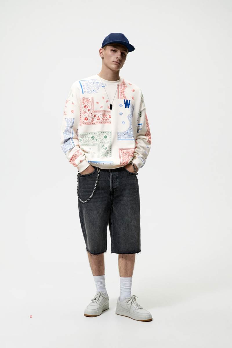 ZARA PAISLEY PRINT Hoodie Herr Vita | UPRYJ-8379