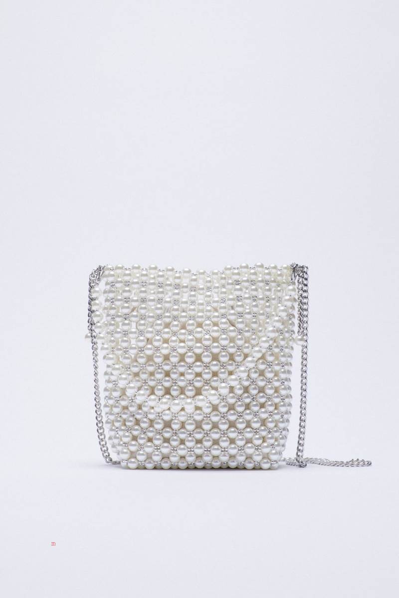 ZARA PEARL BEAD MINI BUCKET BAG Crossbody Väska Dam Vita | LJHNY-7236