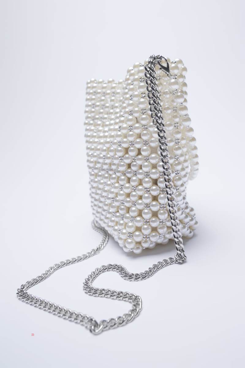 ZARA PEARL BEAD MINI BUCKET BAG Crossbody Väska Dam Vita | LJHNY-7236