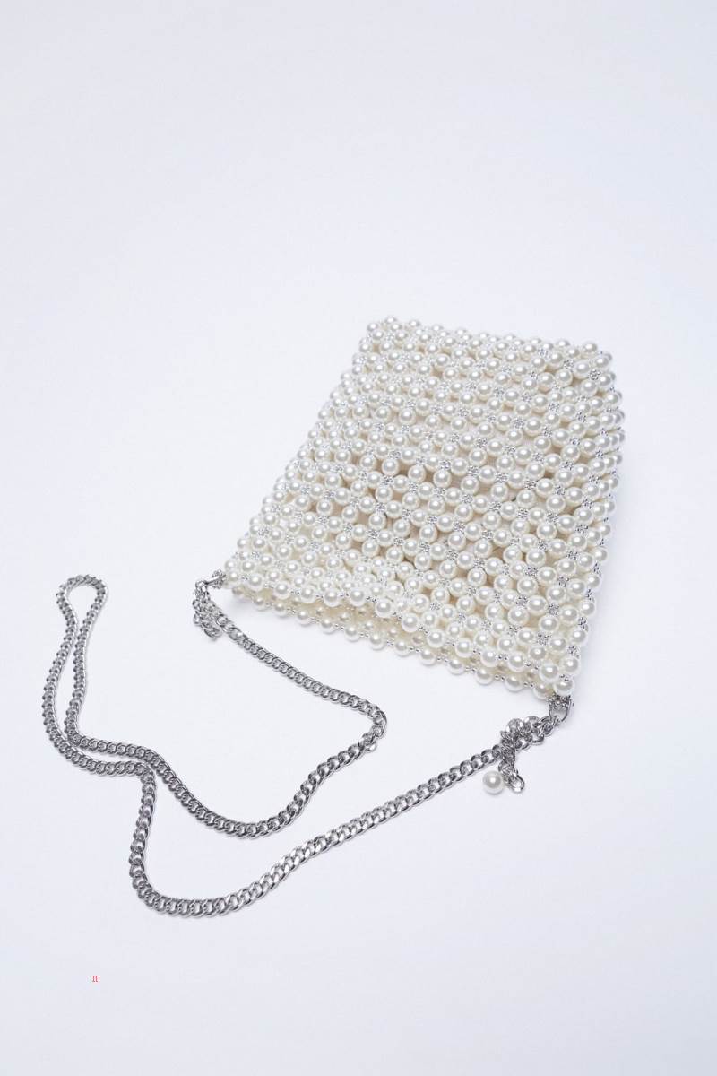 ZARA PEARL BEAD MINI BUCKET BAG Crossbody Väska Dam Vita | LJHNY-7236