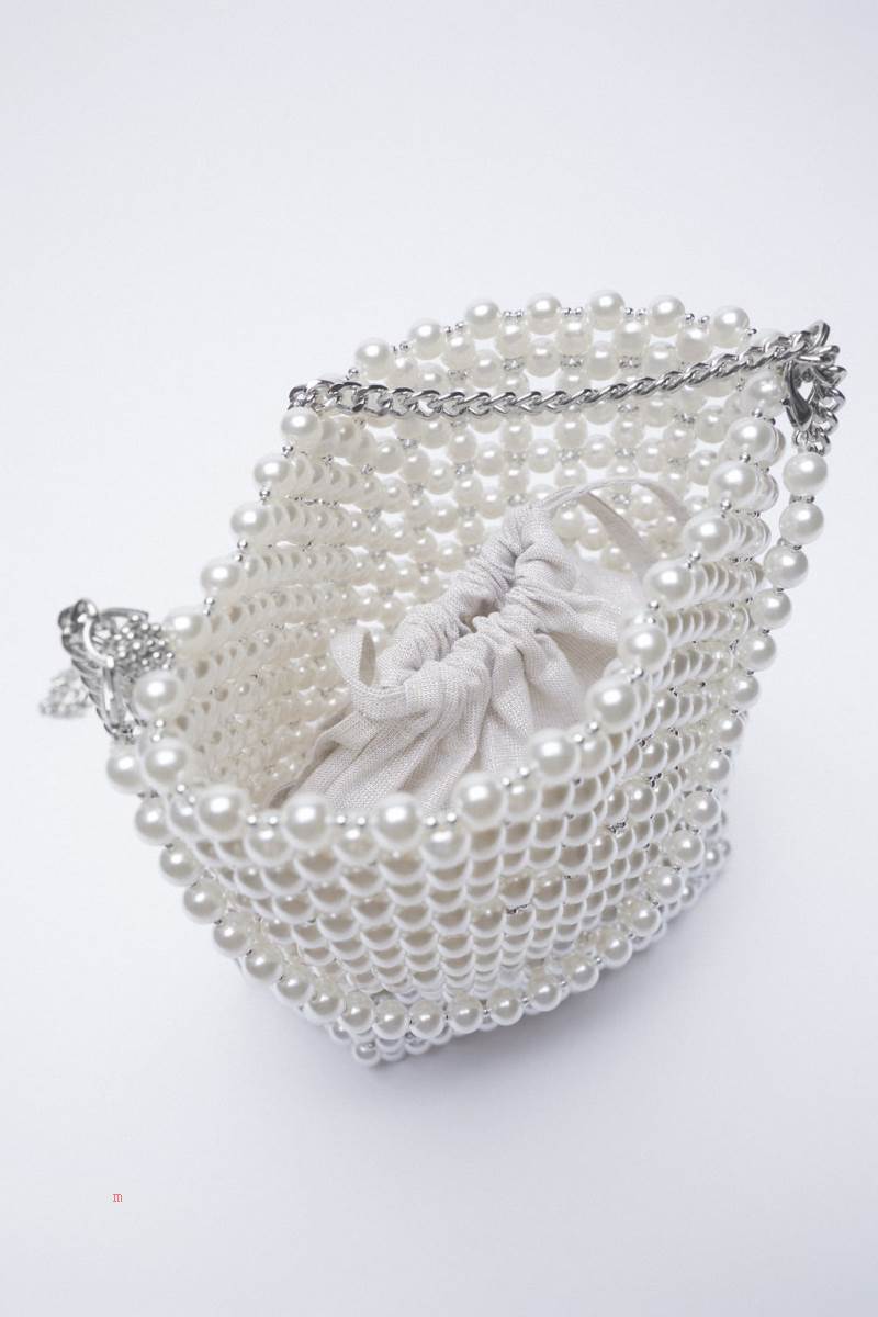 ZARA PEARL BEAD MINI BUCKET BAG Crossbody Väska Dam Vita | LJHNY-7236