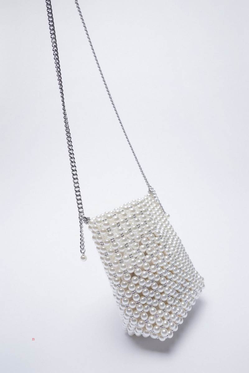 ZARA PEARL BEAD MINI BUCKET BAG Crossbody Väska Dam Vita | LJHNY-7236