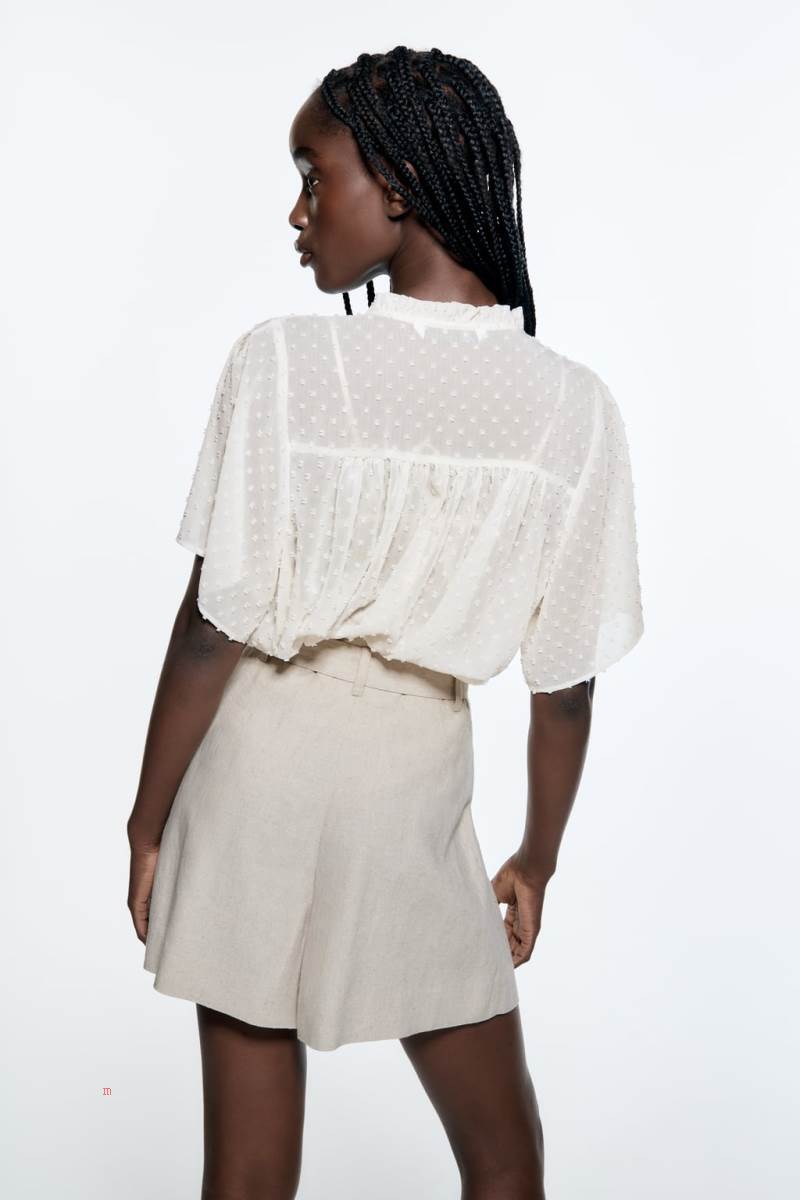 ZARA PLUMETIS WITH LACE TRIM Blusar Dam Grå Vita | TEDMO-4318