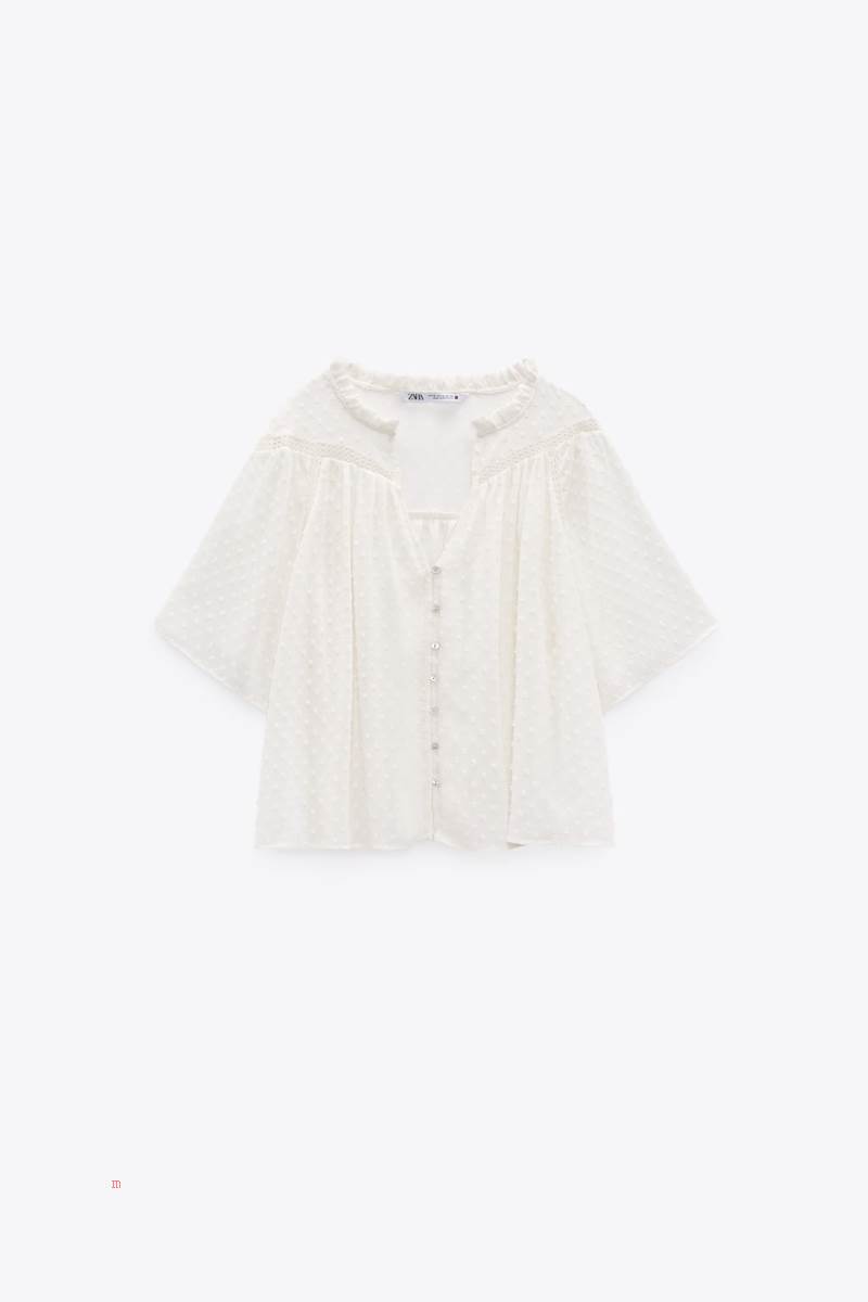 ZARA PLUMETIS WITH LACE TRIM Blusar Dam Grå Vita | TEDMO-4318