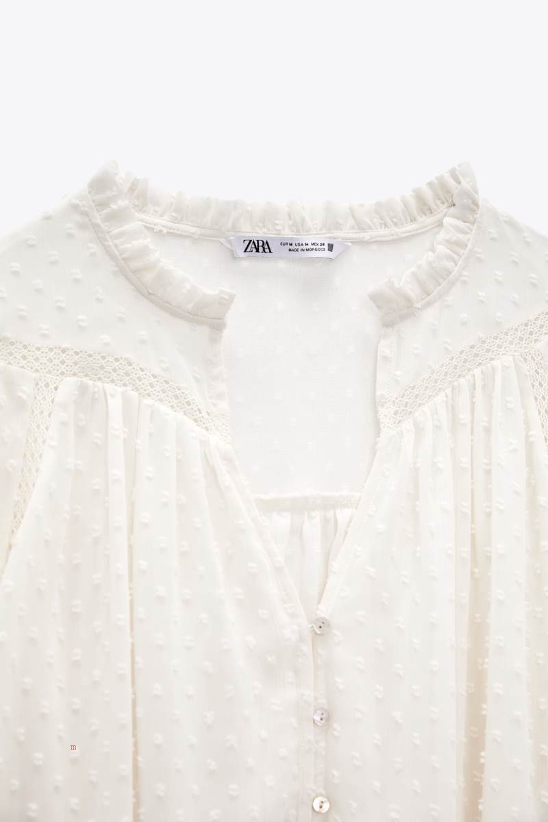 ZARA PLUMETIS WITH LACE TRIM Blusar Dam Grå Vita | TEDMO-4318