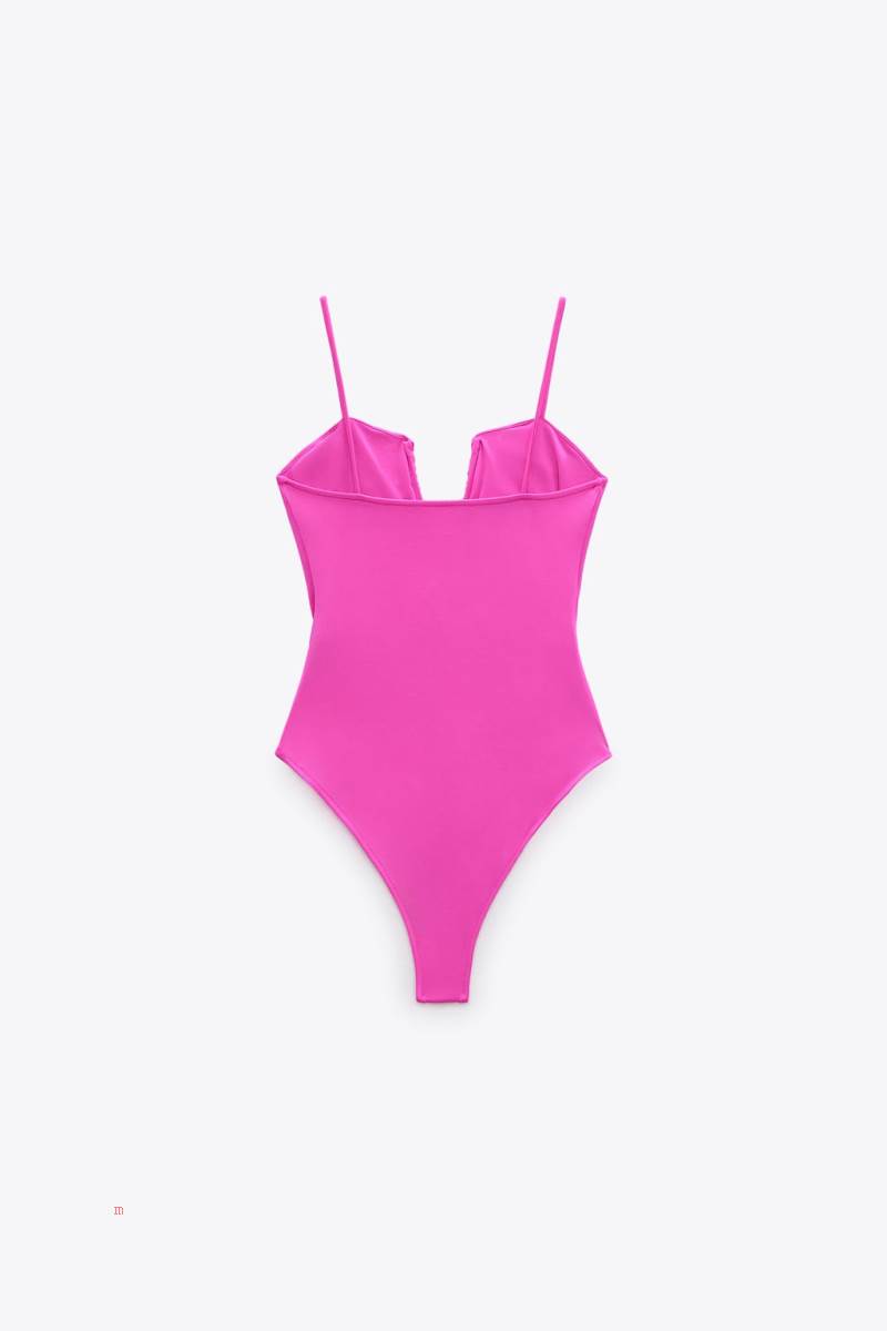 ZARA PLUNGING NECKLINE Bodysuit Dam Fuchsia | RBVEM-3901
