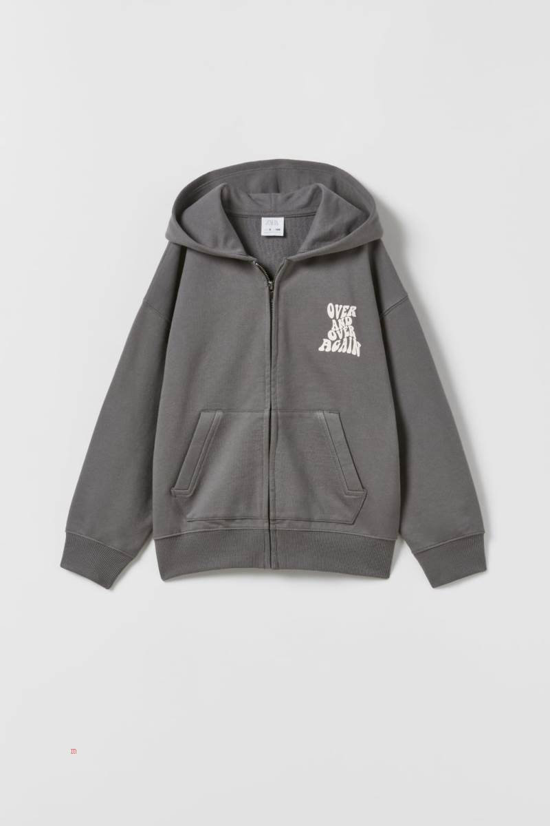 ZARA PLUSH WITH SLOGAN Hoodie Tjej Mörkgrå | ICZBS-9605
