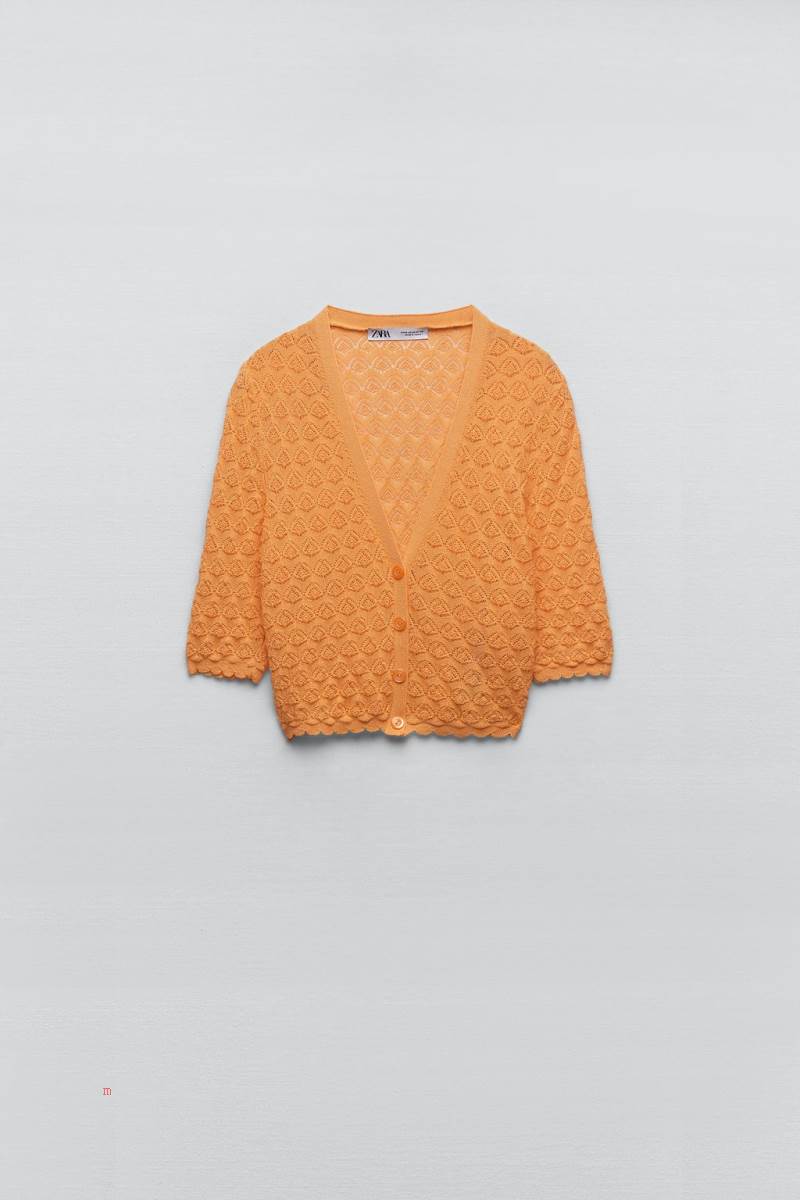 ZARA POINTELLE KNIT CROPPED Cardigan Dam Orange | ZDBUH-6290