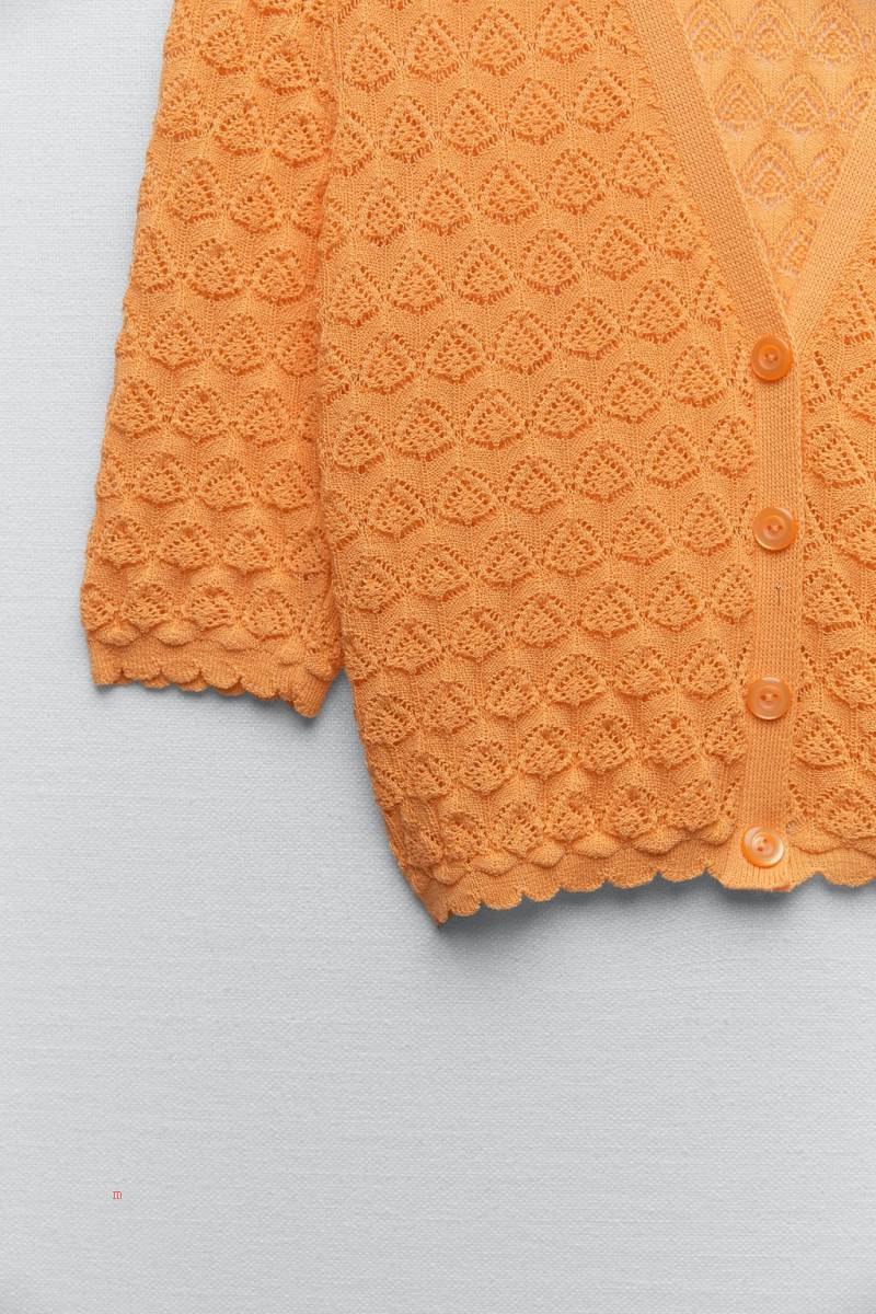 ZARA POINTELLE KNIT CROPPED Cardigan Dam Orange | ZDBUH-6290