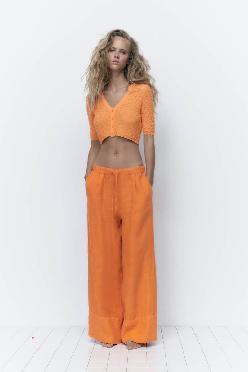 ZARA POINTELLE KNIT CROPPED Cardigan Dam Orange | ZDBUH-6290