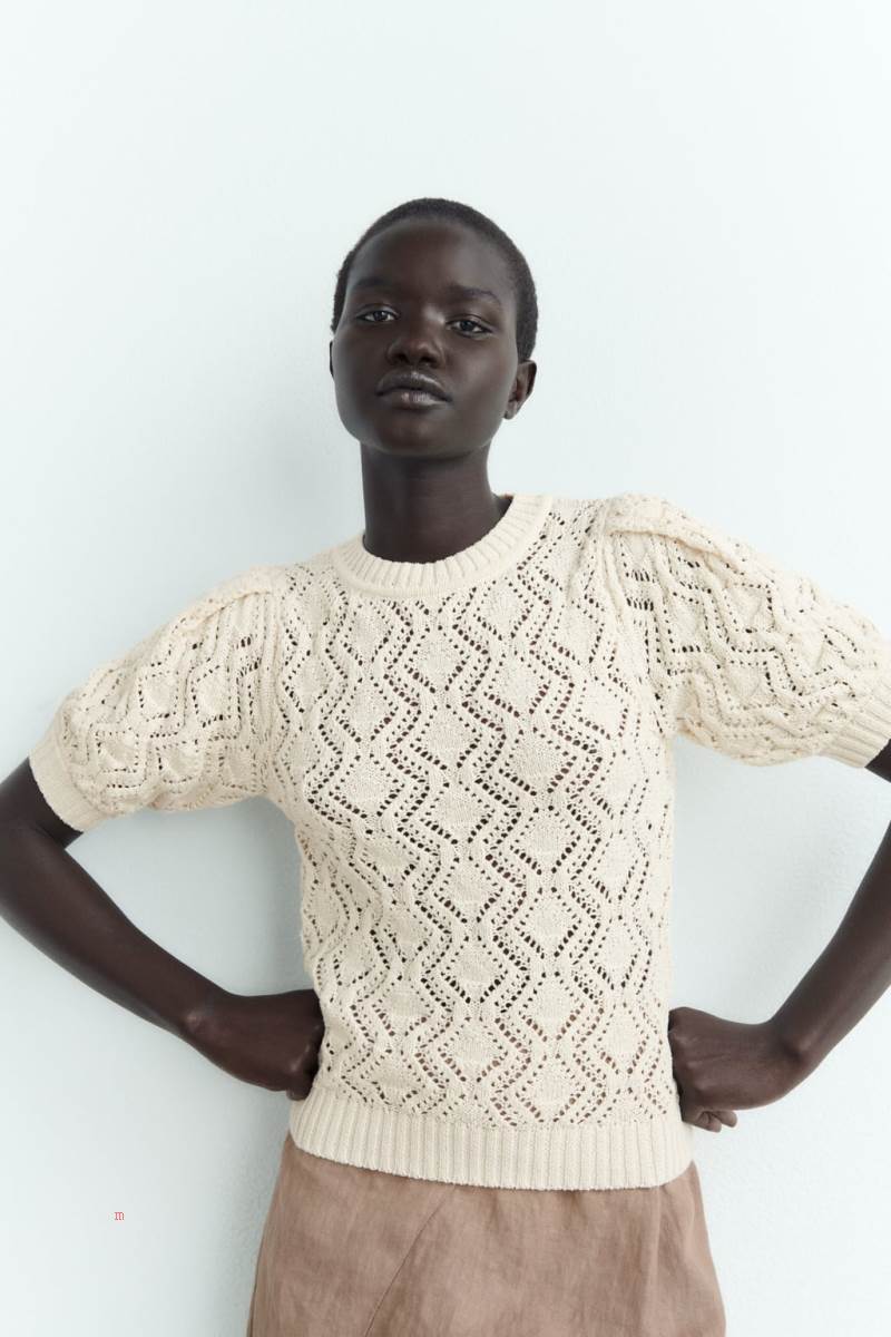 ZARA POINTELLE-KNIT TOP Stickat Dam Grå Vita | VOBRK-7062