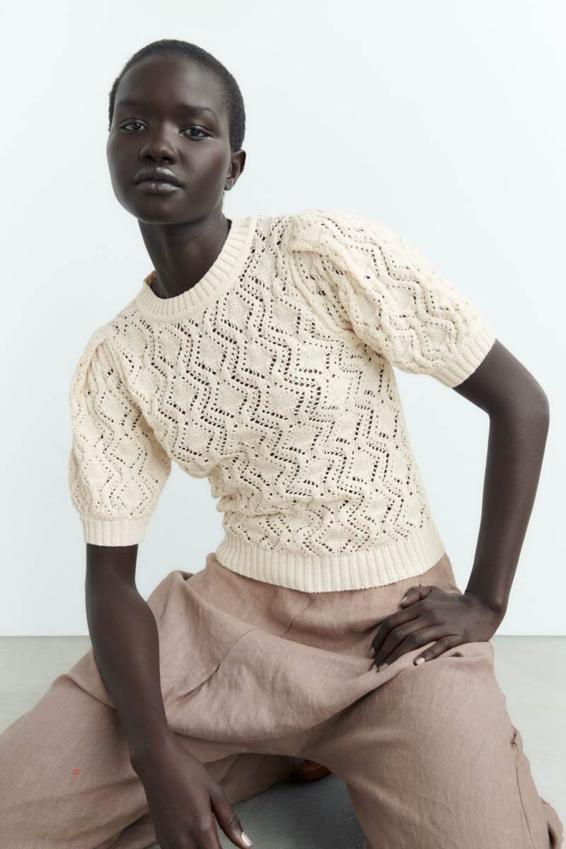 ZARA POINTELLE-KNIT TOP Stickat Dam Grå Vita | VOBRK-7062