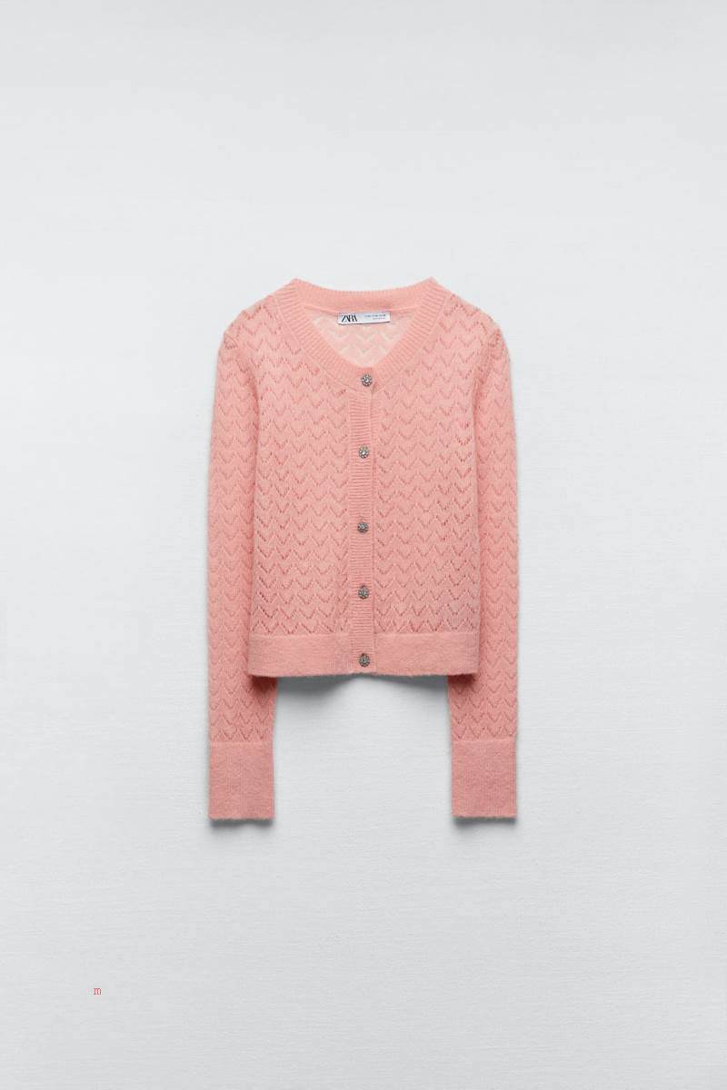 ZARA POINTELLE KNIT WITH RHINESTONE BUTTONS Cardigan Dam Rosa | FIBOT-8520