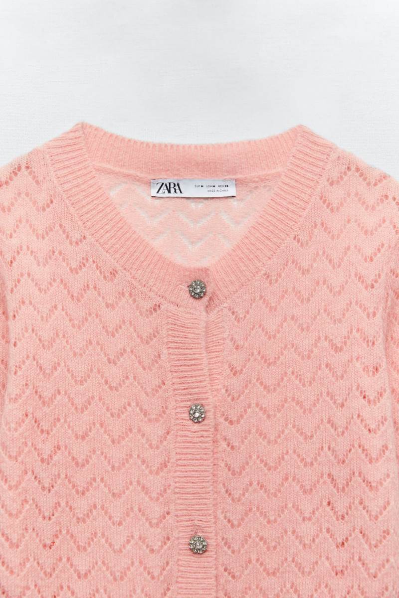 ZARA POINTELLE KNIT WITH RHINESTONE BUTTONS Cardigan Dam Rosa | FIBOT-8520