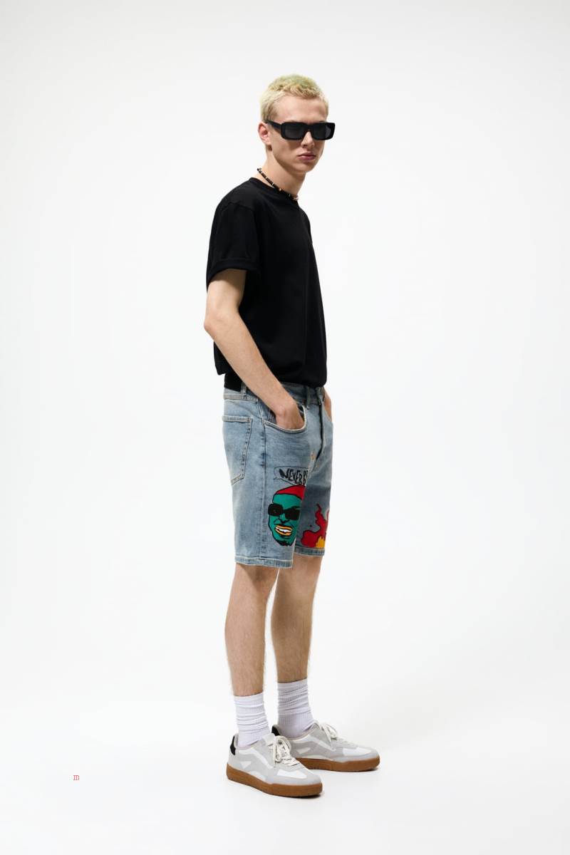 ZARA PRINTED DENIM BERMUDA Shorts Herr Ljusblå | LKRSG-8903