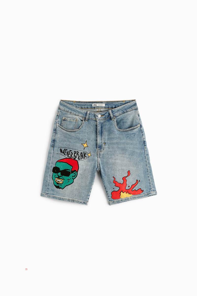ZARA PRINTED DENIM BERMUDA Shorts Herr Ljusblå | LKRSG-8903