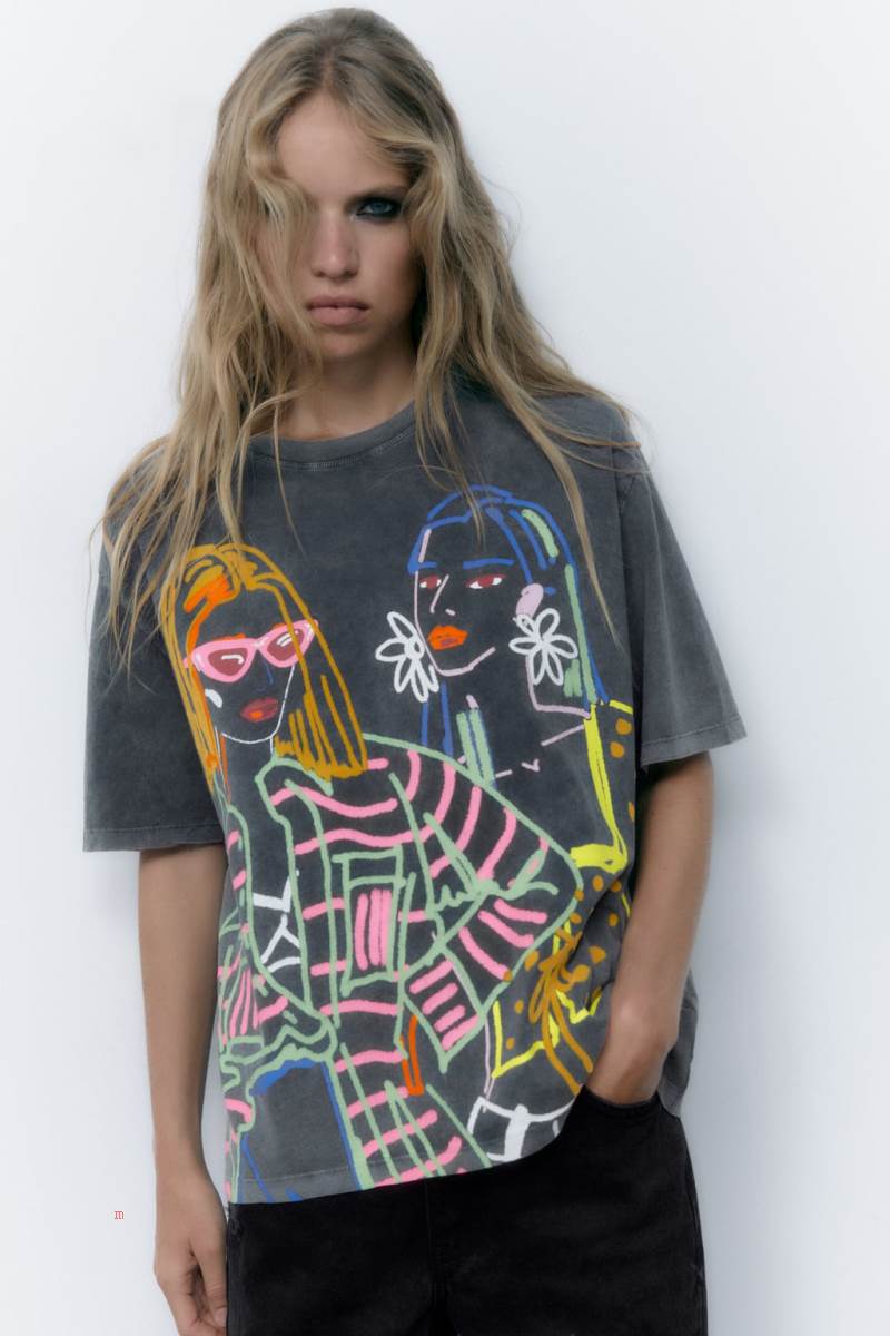 ZARA PRINTED FADED T-shirt Dam Mörkgrå | FALPQ-0538