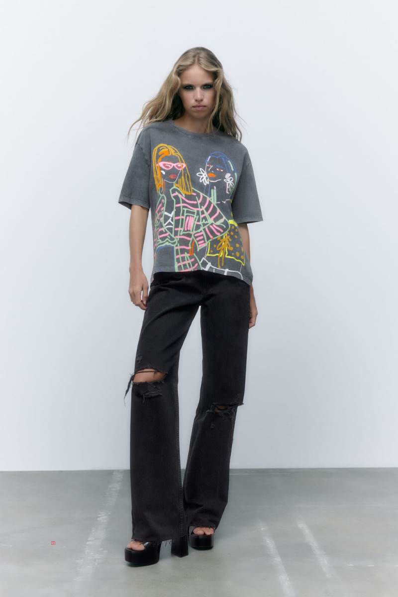 ZARA PRINTED FADED T-shirt Dam Mörkgrå | FALPQ-0538