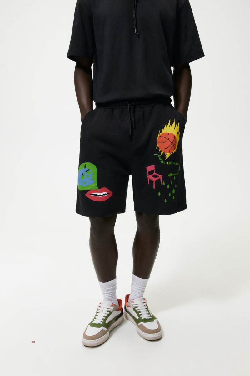 ZARA PRINTED JOGGER BERMUDA Shorts Herr Svarta | YKXRJ-1846