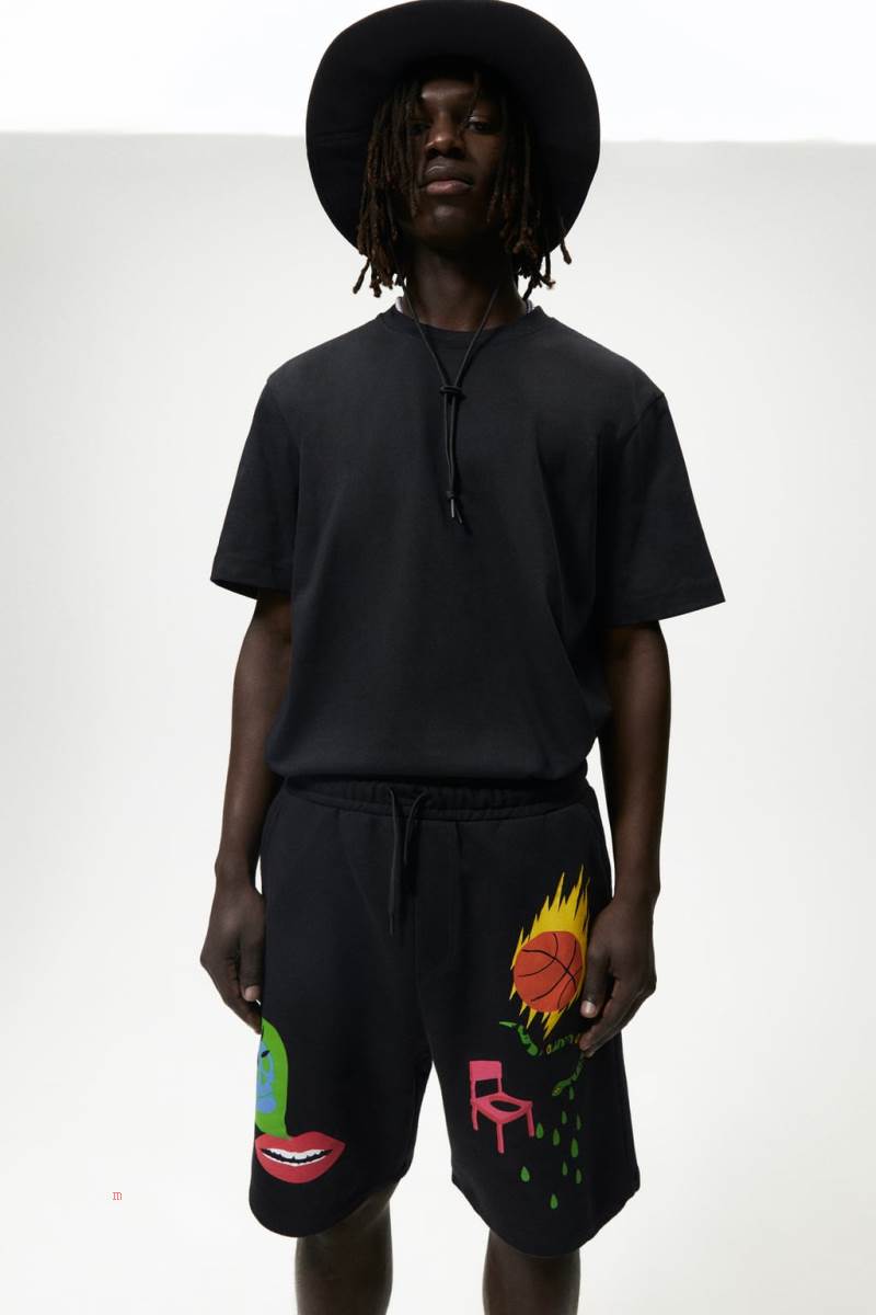 ZARA PRINTED JOGGER BERMUDA Shorts Herr Svarta | YKXRJ-1846