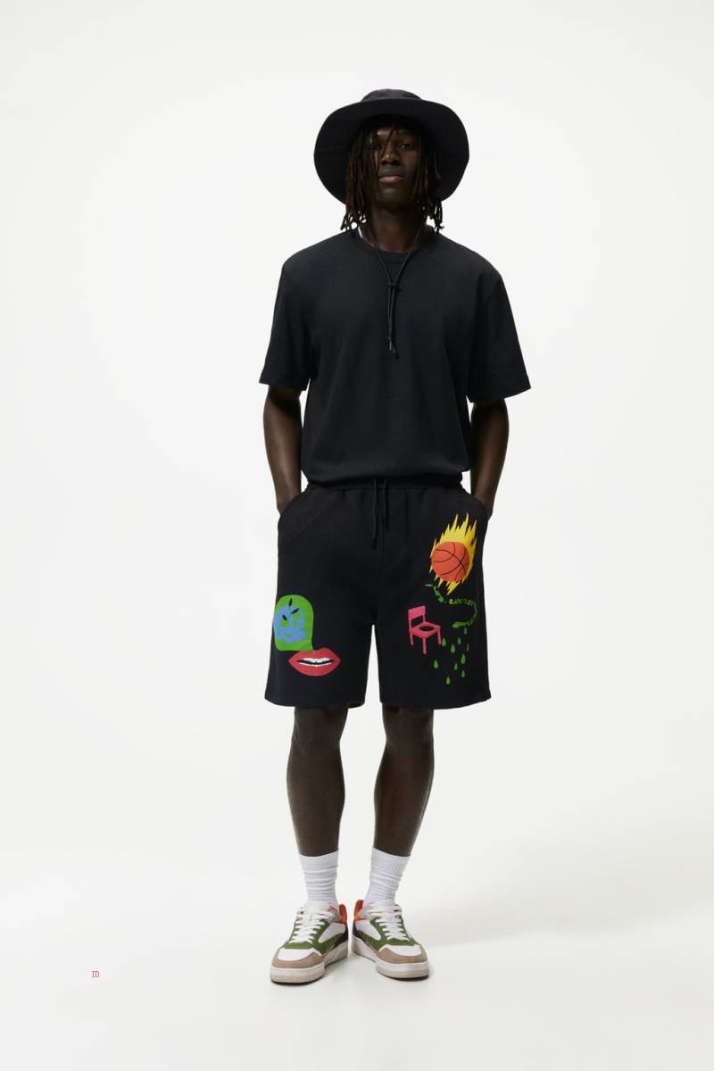 ZARA PRINTED JOGGER BERMUDA Shorts Herr Svarta | YKXRJ-1846