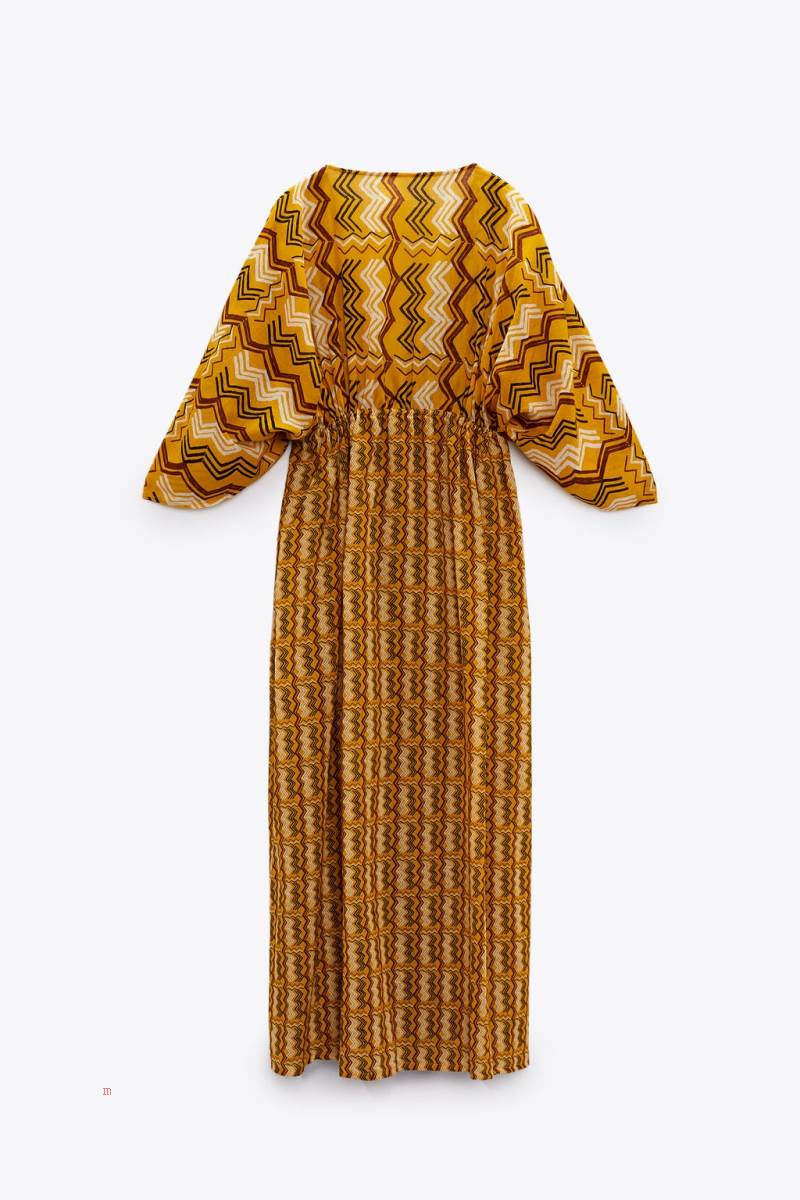 ZARA PRINTED KAFTAN WITH GATHERED DETAIL Klänning Dam Gula | CUQDM-6745