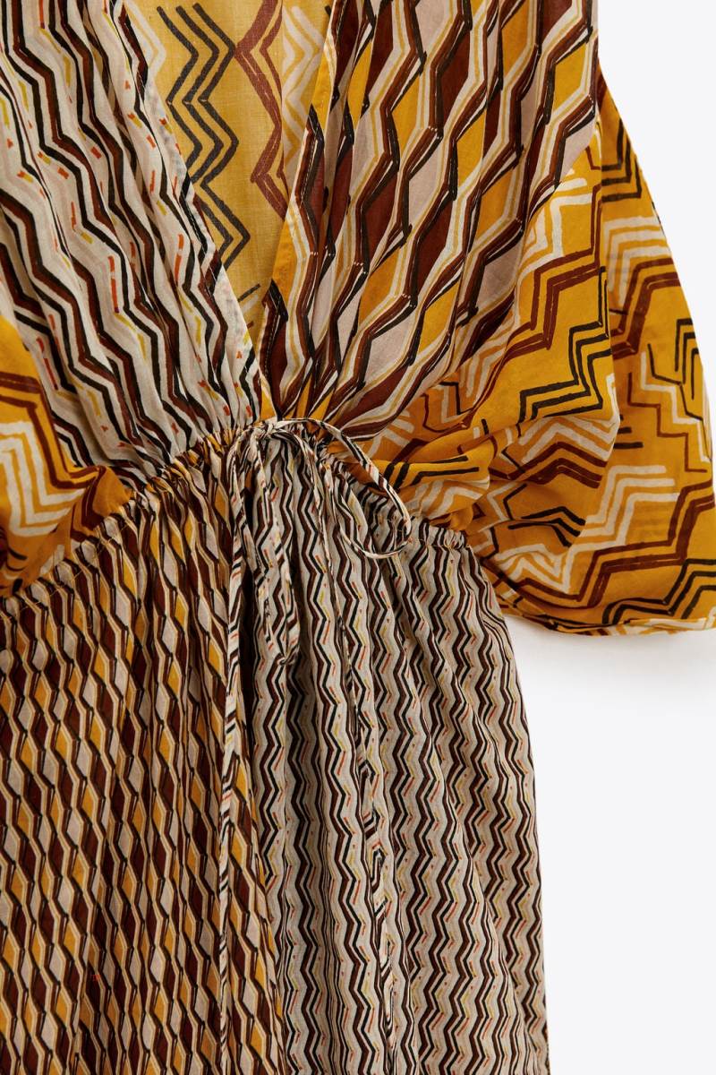 ZARA PRINTED KAFTAN WITH GATHERED DETAIL Klänning Dam Gula | CUQDM-6745