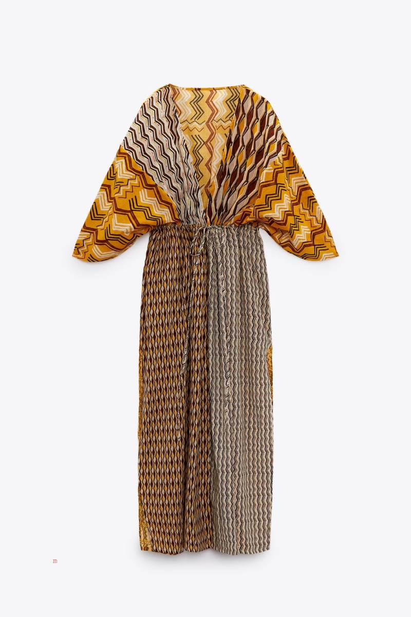 ZARA PRINTED KAFTAN WITH GATHERED DETAIL Klänning Dam Gula | CUQDM-6745