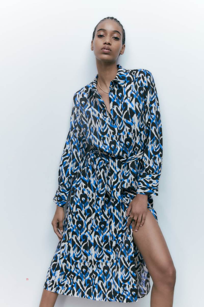 ZARA PRINTED Klänning Dam Svarta Blå | JTSVH-6923