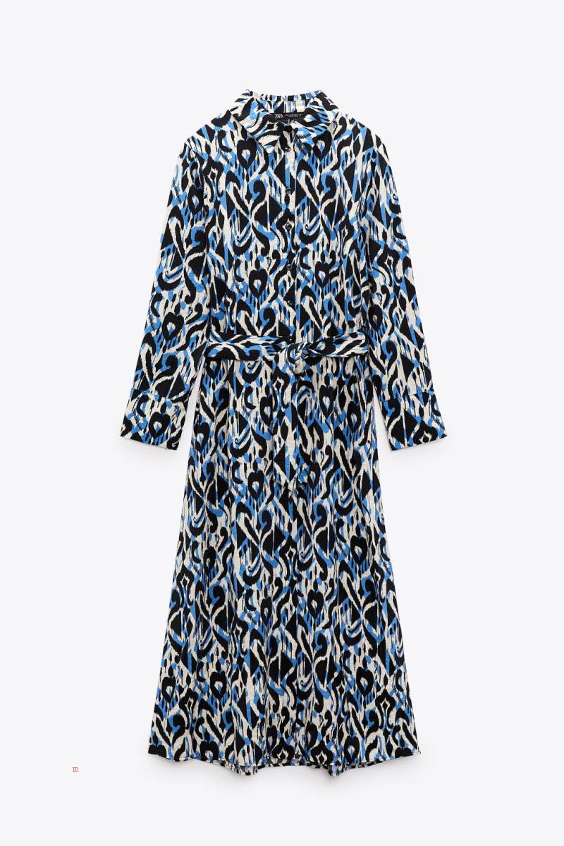 ZARA PRINTED Klänning Dam Svarta Blå | JTSVH-6923