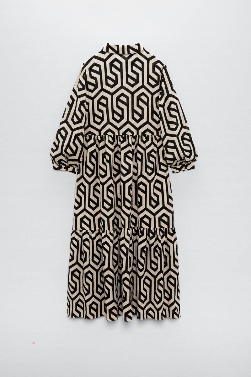 ZARA PRINTED MIDI Klänning Dam Svarta Vita | JZRON-3751