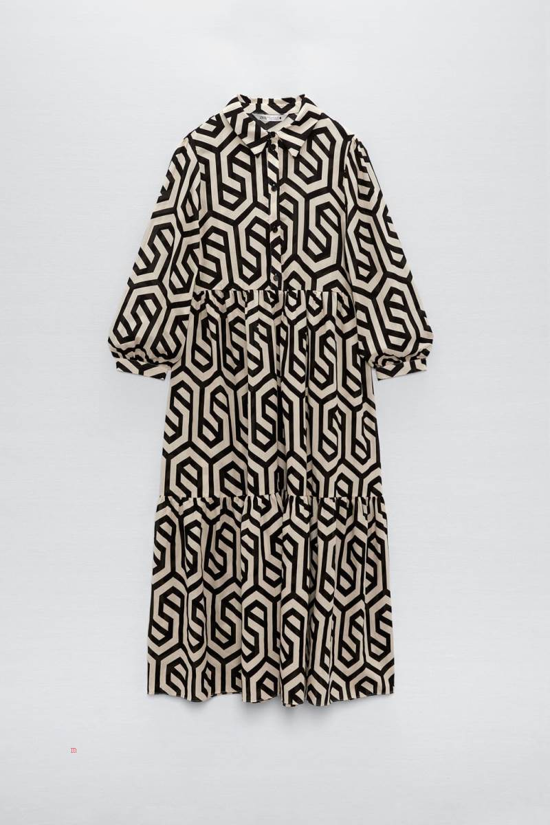 ZARA PRINTED MIDI Klänning Dam Svarta Vita | JZRON-3751