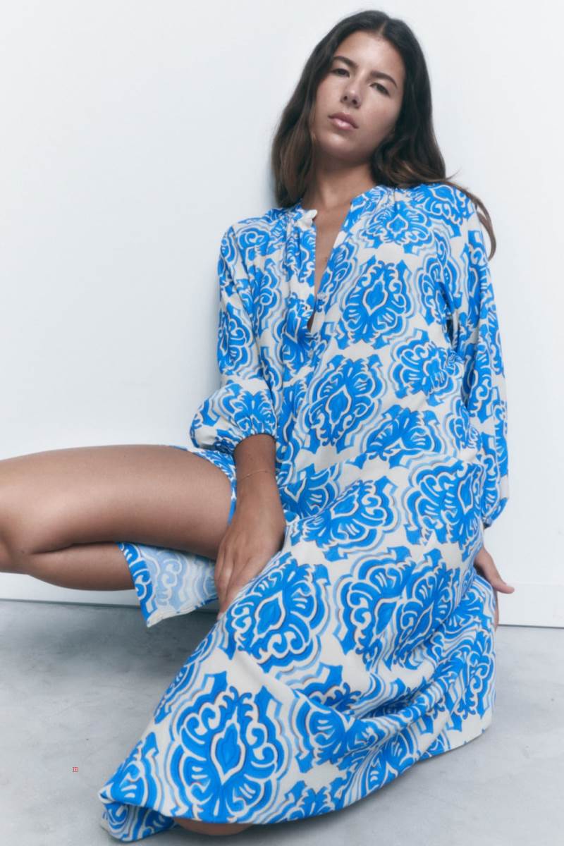 ZARA PRINTED MIDI Klänning Dam Vita Blå | QLMJC-4307