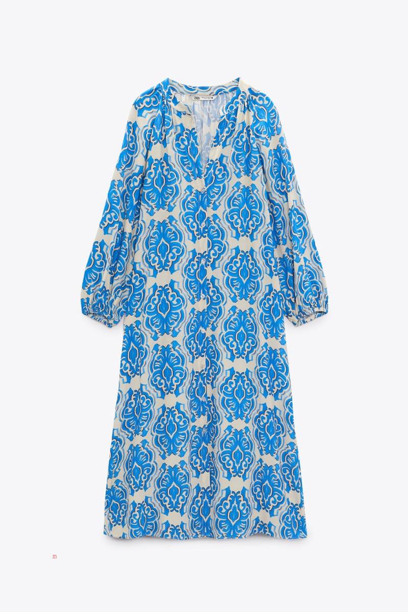 ZARA PRINTED MIDI Klänning Dam Vita Blå | QLMJC-4307