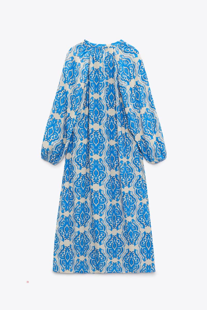 ZARA PRINTED MIDI Klänning Dam Vita Blå | QLMJC-4307