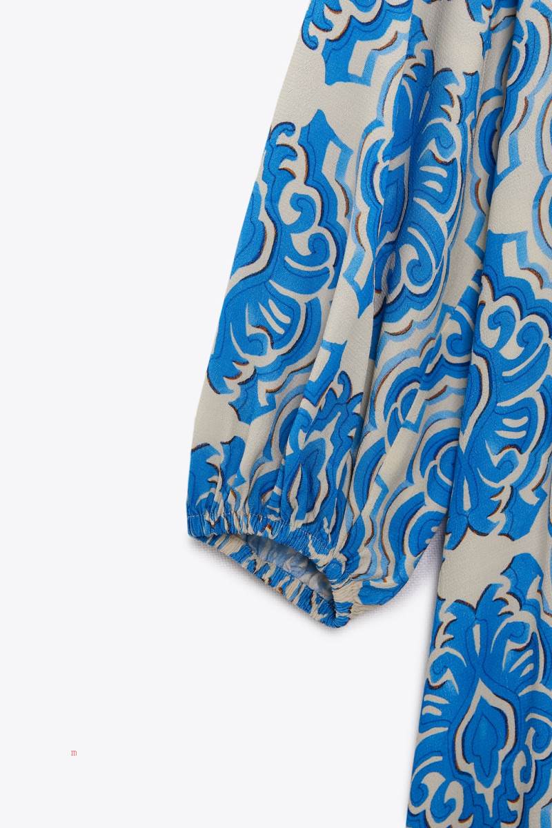 ZARA PRINTED MIDI Klänning Dam Vita Blå | QLMJC-4307