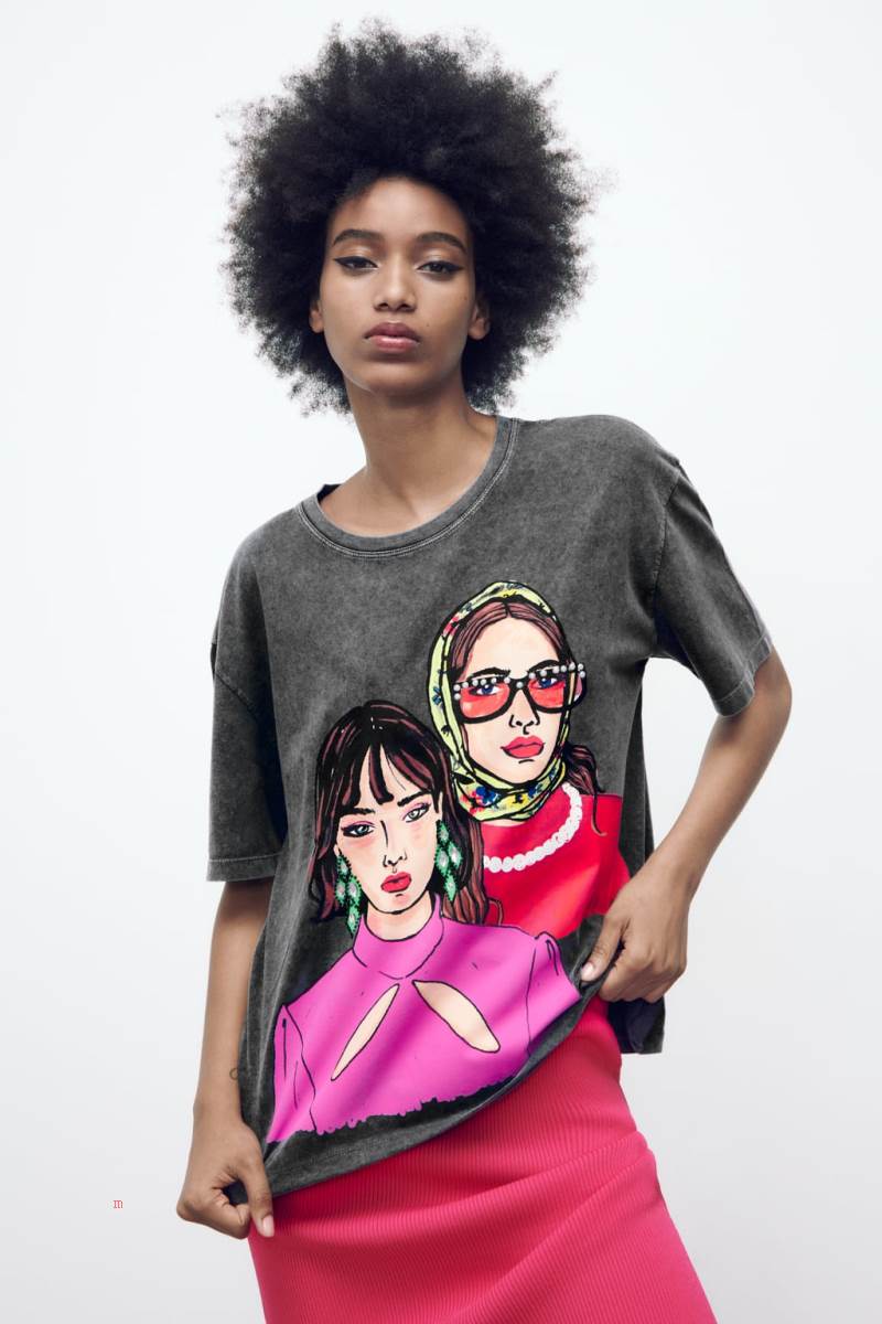 ZARA PRINTED T-shirt Dam Mörkgrå | GAUQT-1076