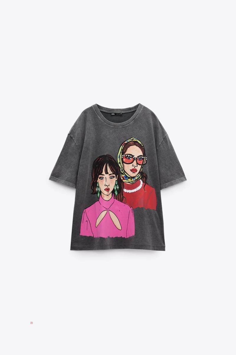 ZARA PRINTED T-shirt Dam Mörkgrå | GAUQT-1076