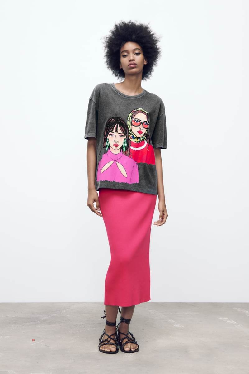 ZARA PRINTED T-shirt Dam Mörkgrå | GAUQT-1076