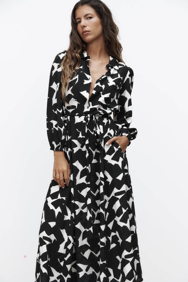 ZARA PRINTED WITH BELT Klänning Dam Svarta Vita | XBADU-8149