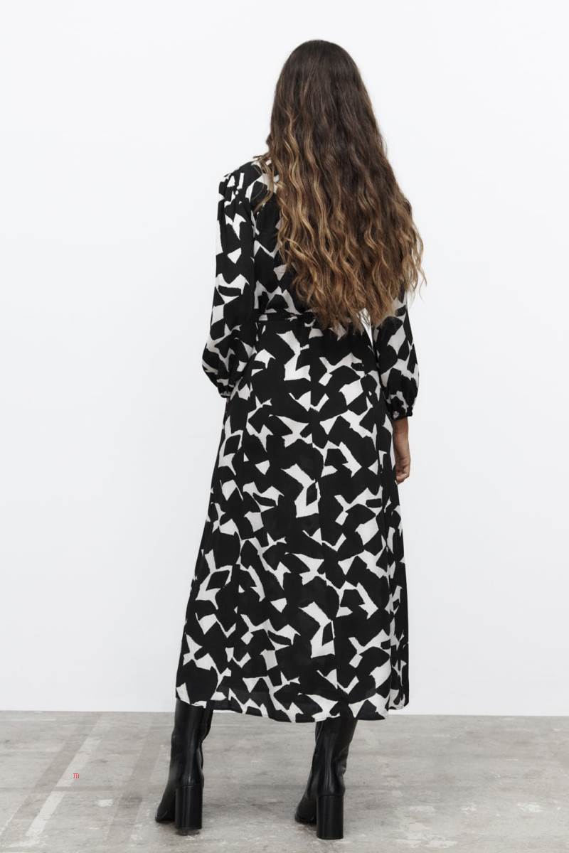 ZARA PRINTED WITH BELT Klänning Dam Svarta Vita | XBADU-8149