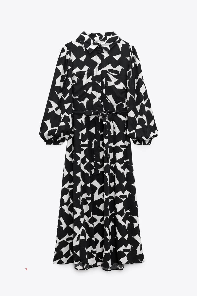 ZARA PRINTED WITH BELT Klänning Dam Svarta Vita | XBADU-8149