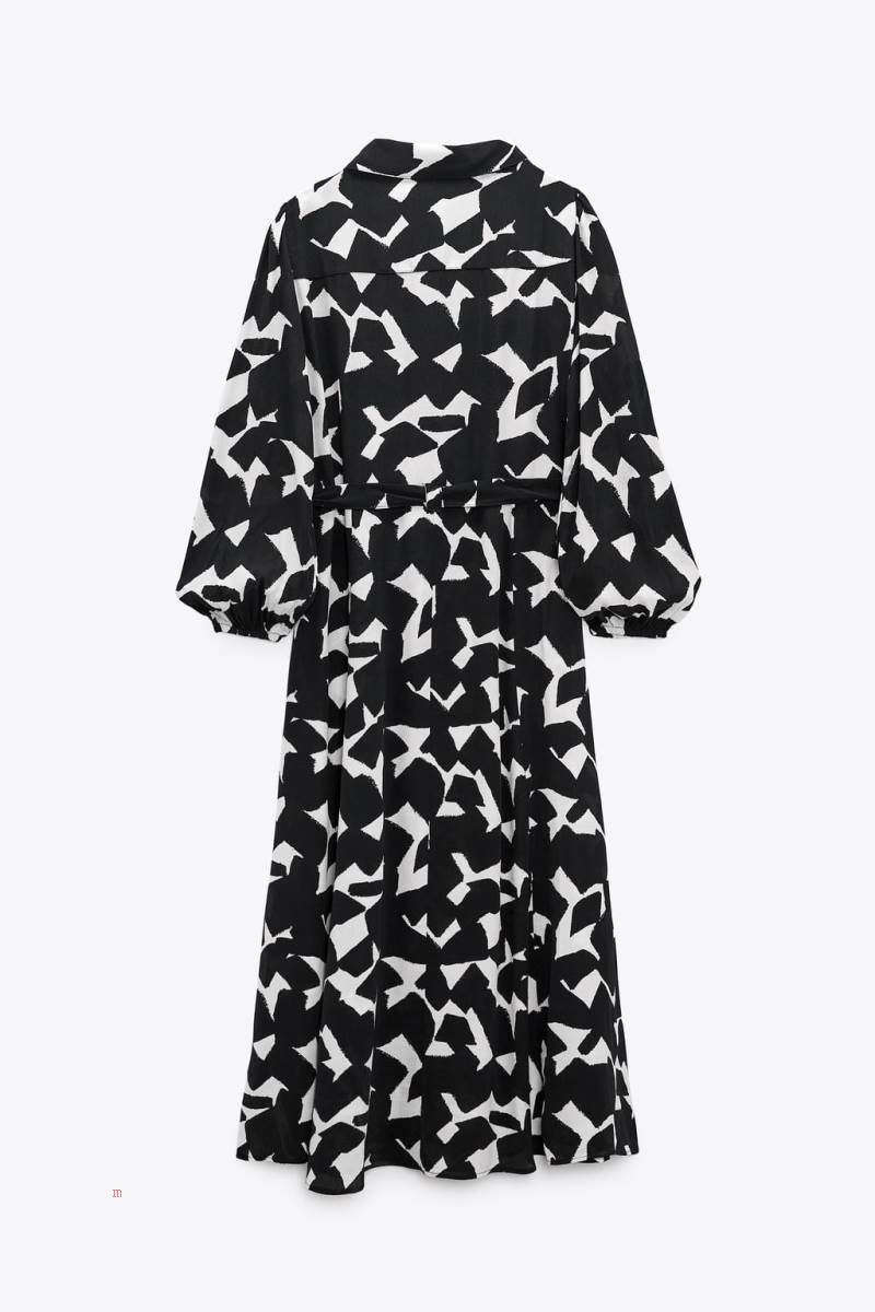 ZARA PRINTED WITH BELT Klänning Dam Svarta Vita | XBADU-8149