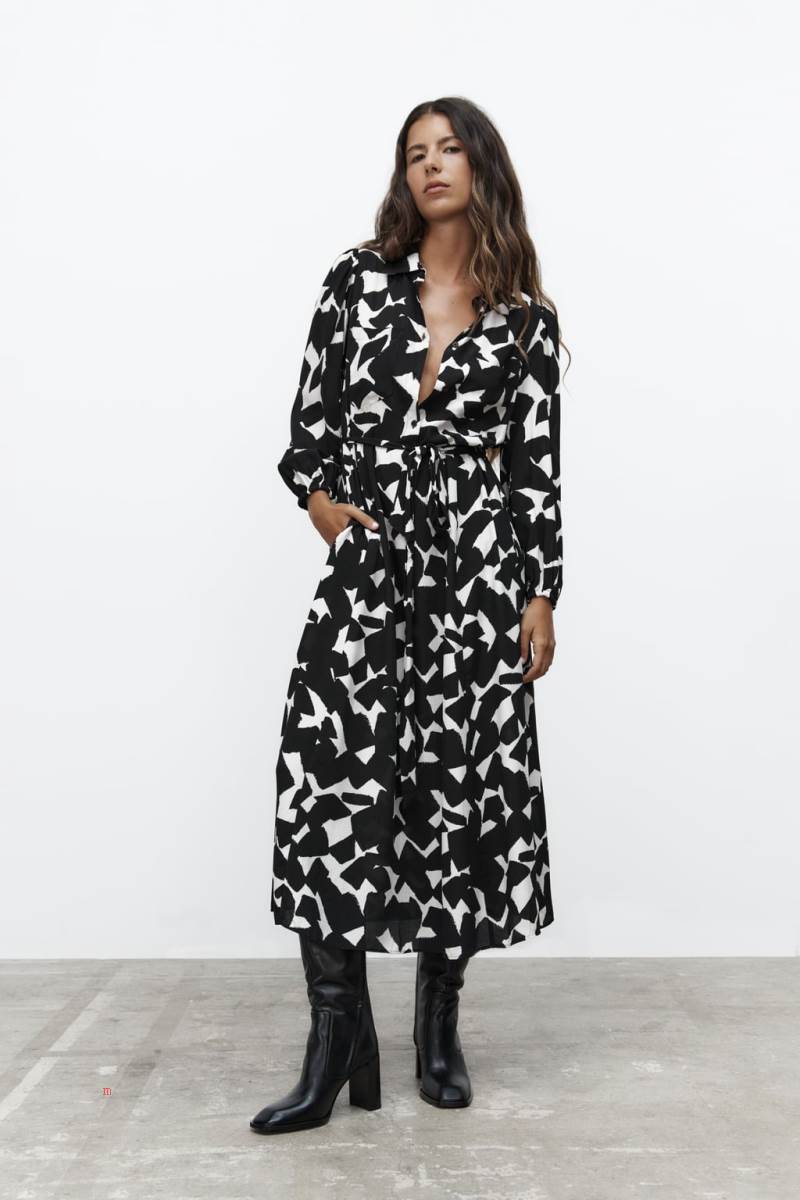 ZARA PRINTED WITH BELT Klänning Dam Svarta Vita | XBADU-8149