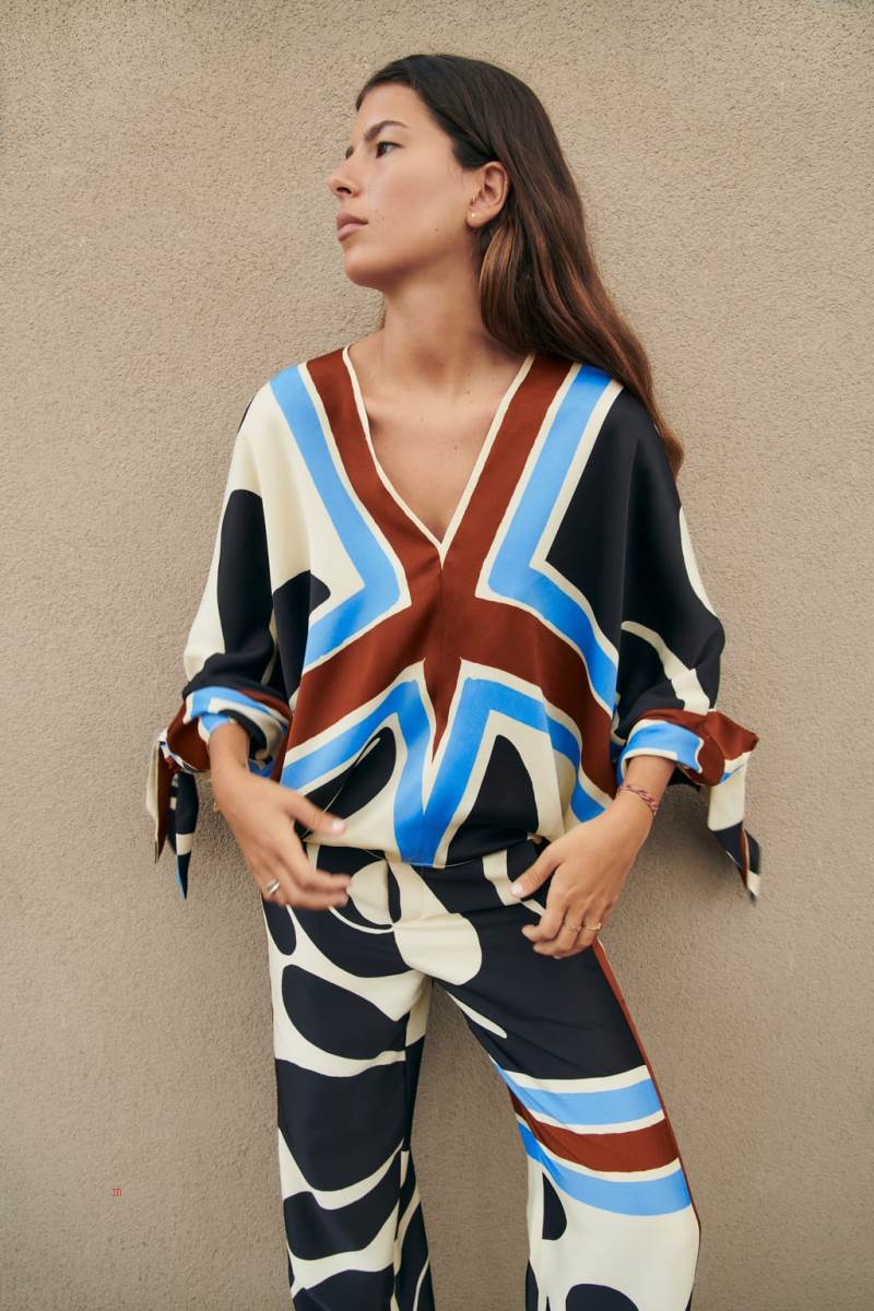 ZARA PRINTED WITH TIES Blusar Dam Grå Vita | IRSOF-6029