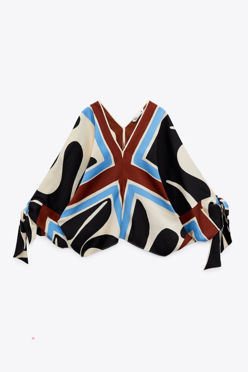 ZARA PRINTED WITH TIES Blusar Dam Grå Vita | IRSOF-6029