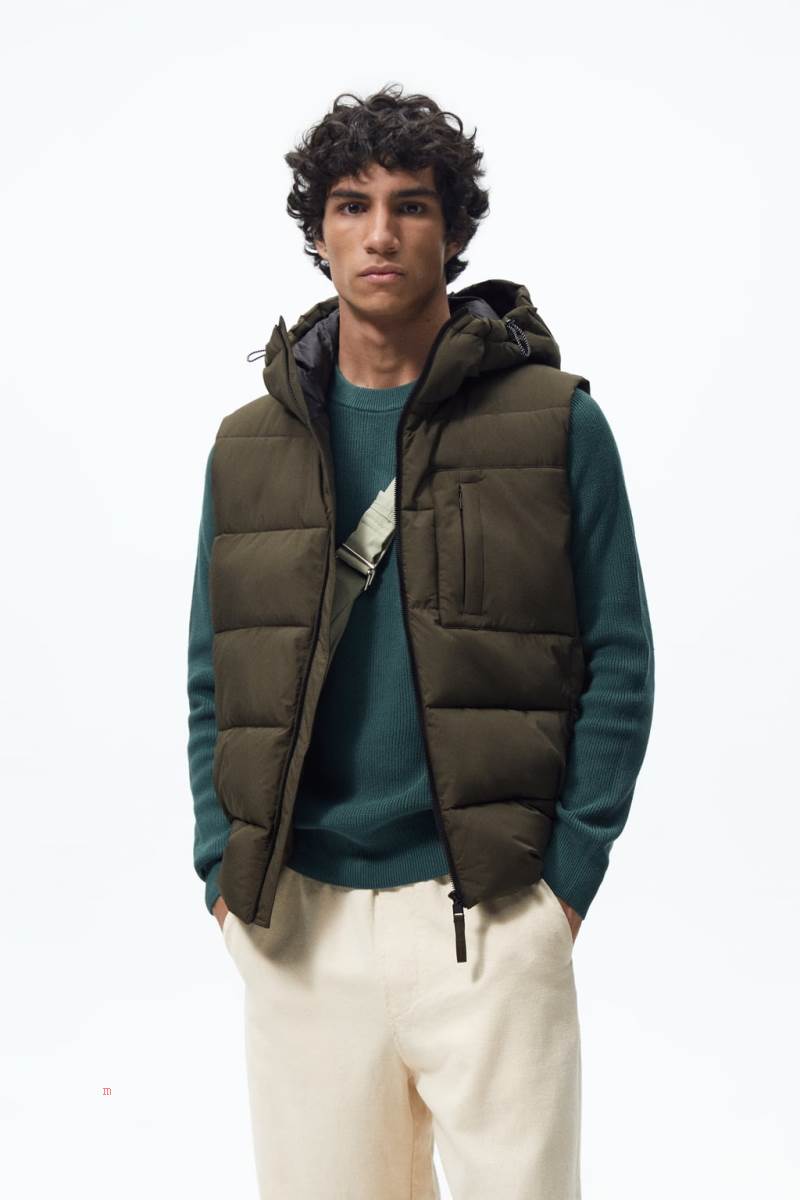 ZARA QUILTED WITH HOOD Kostym Gilet Herr Khaki | SJNWX-8129