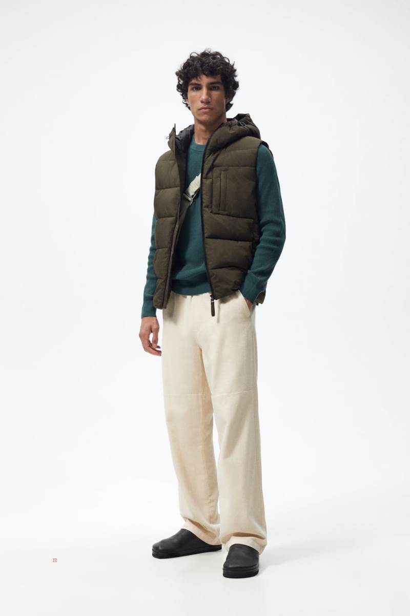 ZARA QUILTED WITH HOOD Kostym Gilet Herr Khaki | SJNWX-8129