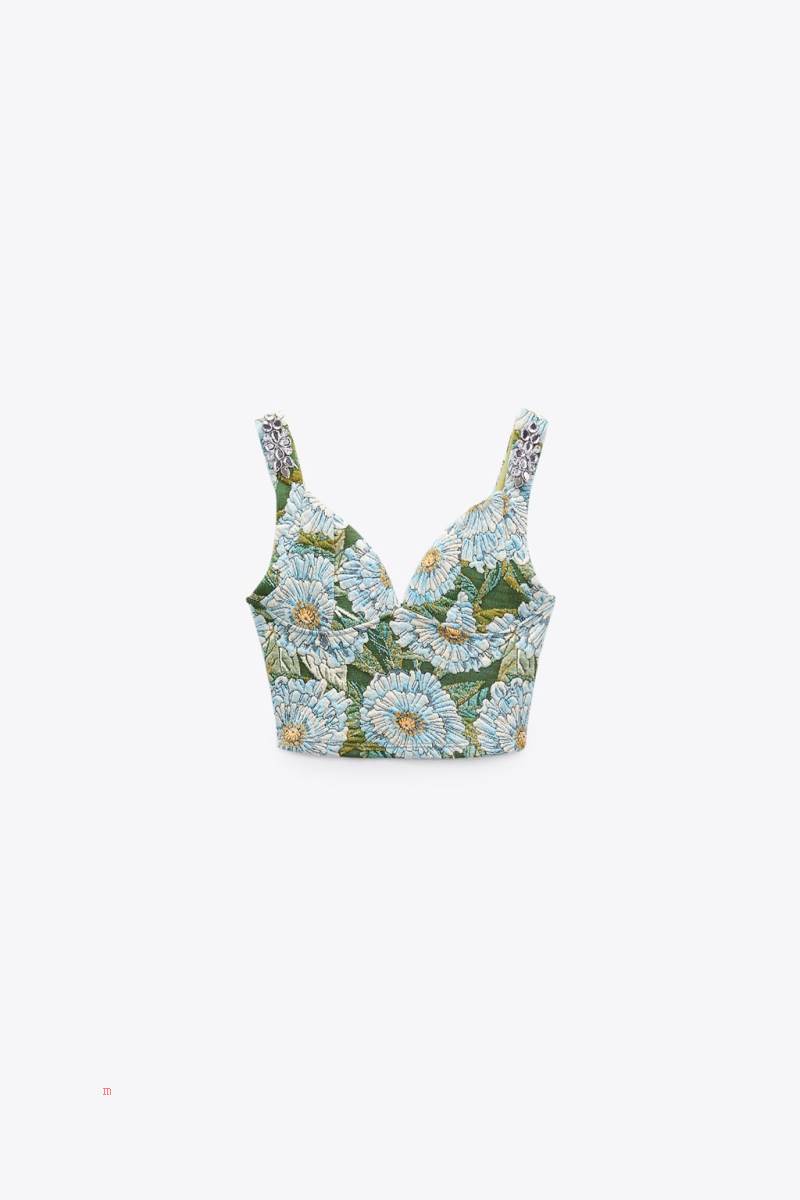 ZARA RHINESTONE JACQUARD TOP Crop Top Dam Gröna Blå | JXGUE-4023