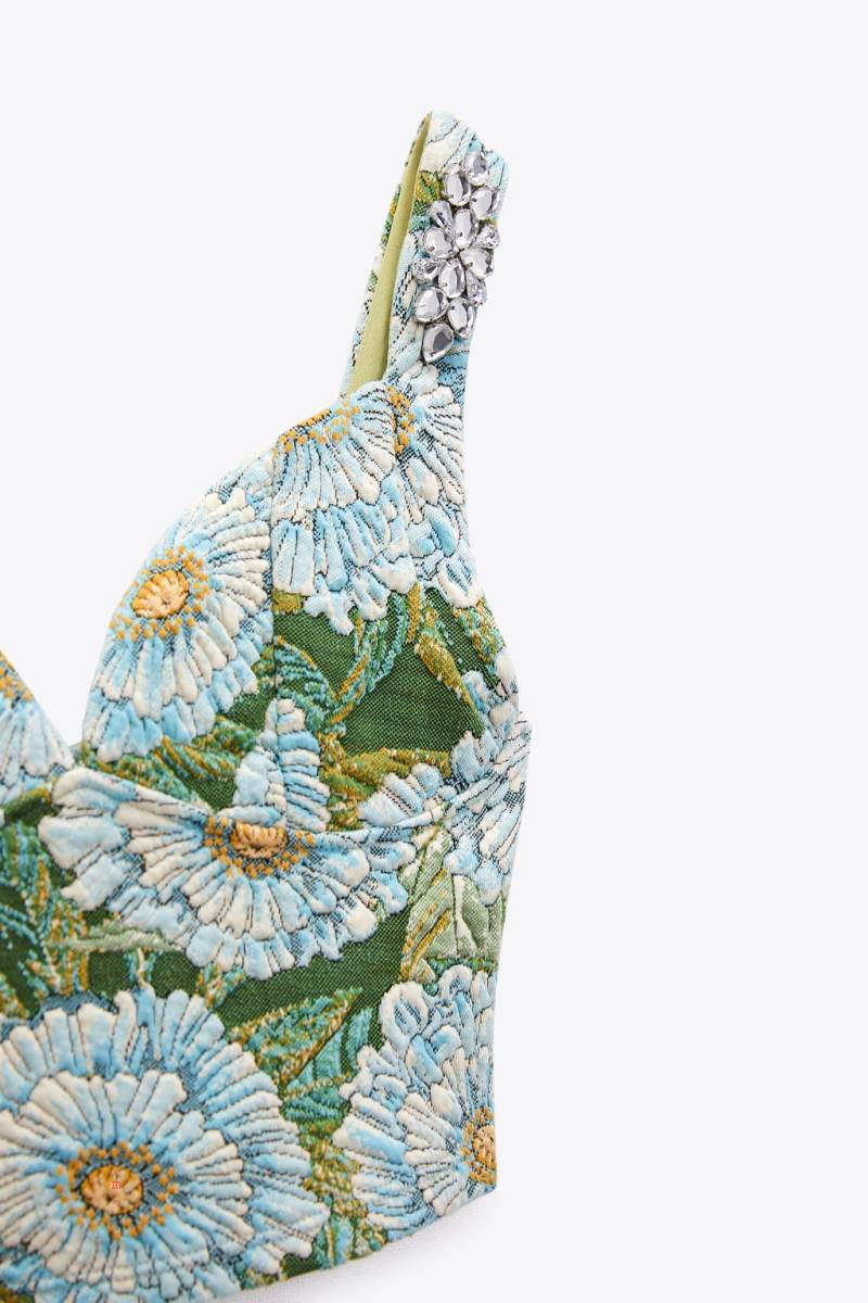 ZARA RHINESTONE JACQUARD TOP Crop Top Dam Gröna Blå | JXGUE-4023